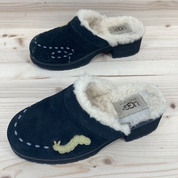 Ugg Little Girls Suede Platform Clogs Size 2 Black Chunky Slip On Shearling Y2K - Picture 4 of 16